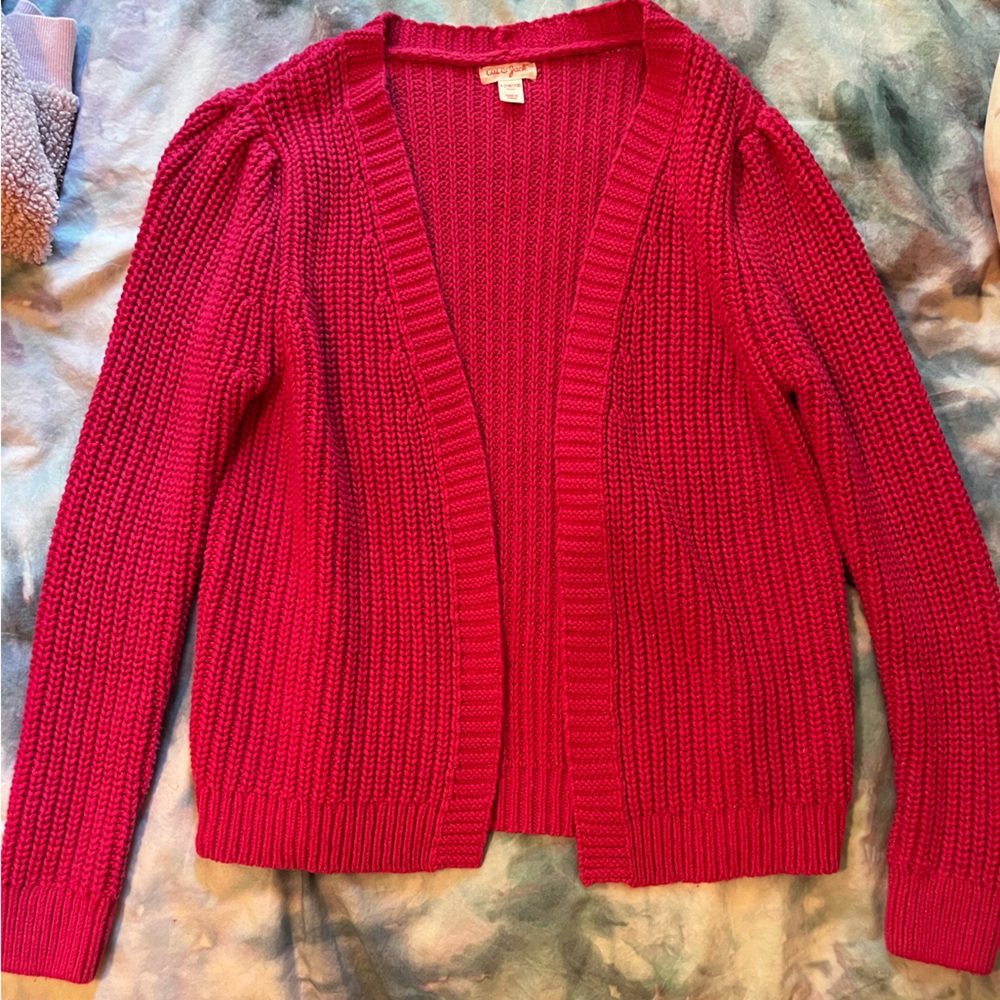 Girls size 10 Cat & Jack Pink/Red Chunky Knit Cardigan Sweater